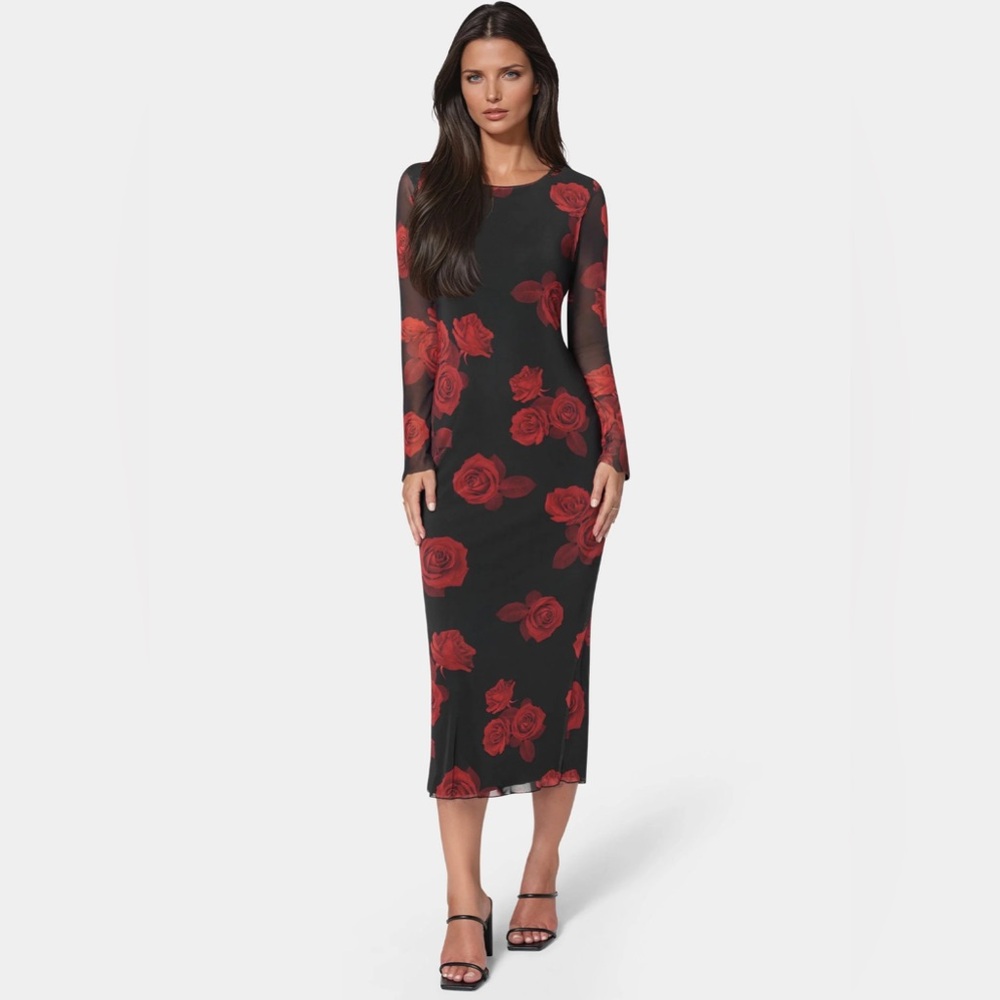 NEW BEBE LONG SLEEVE PRINTED POWERMESH MAXI 

Black Dress with Red Floral Design